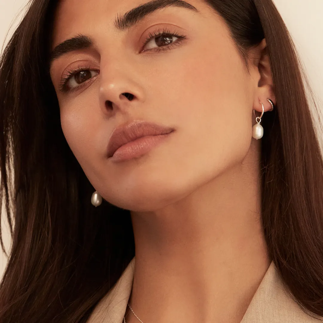 Silver Large Pearl Drop Hoop Earrings