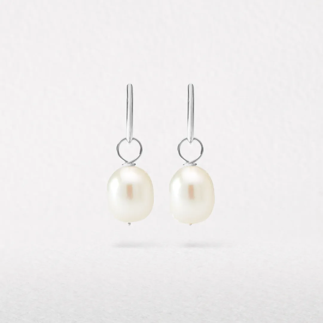 Silver Large Pearl Drop Hoop Earrings