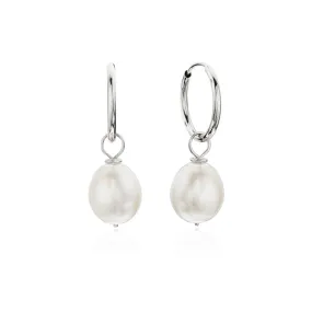 Silver Large Pearl Drop Hoop Earrings
