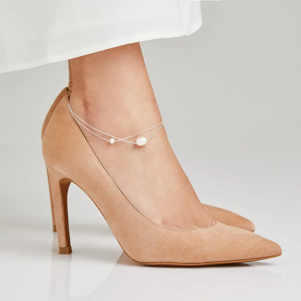 Silver Layered Large and Small Pearl Anklet