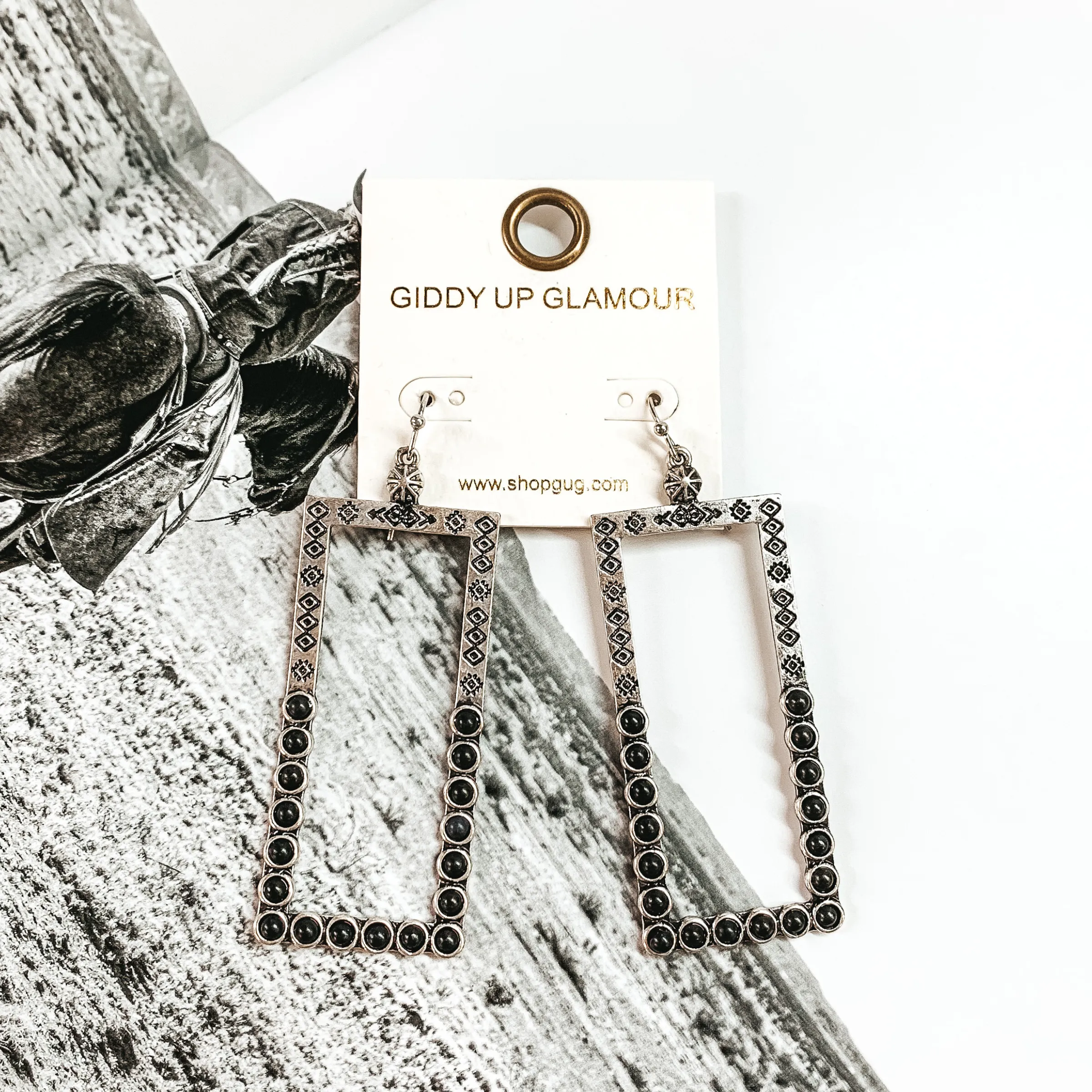 Silver Tone Open Rectangle Earrings with Black Stones and Engraving
