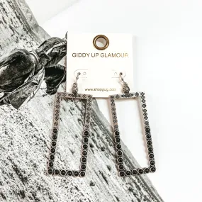 Silver Tone Open Rectangle Earrings with Black Stones and Engraving