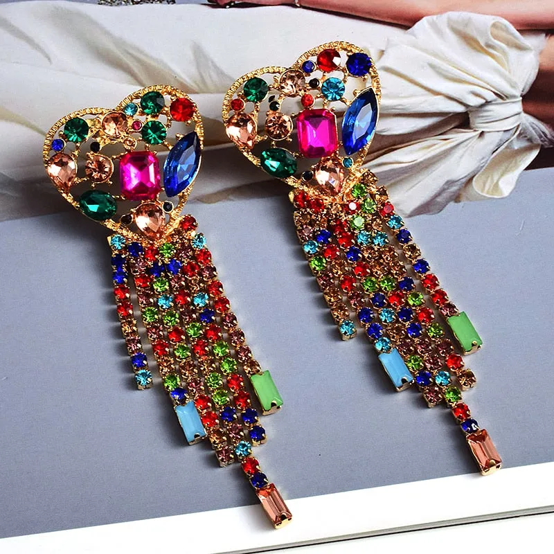 Statement Long Colorful Crystal Chain Tassel Drop Earrings
