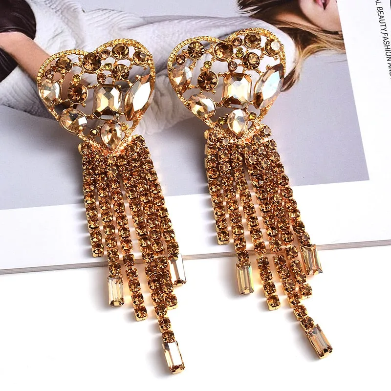 Statement Long Colorful Crystal Chain Tassel Drop Earrings