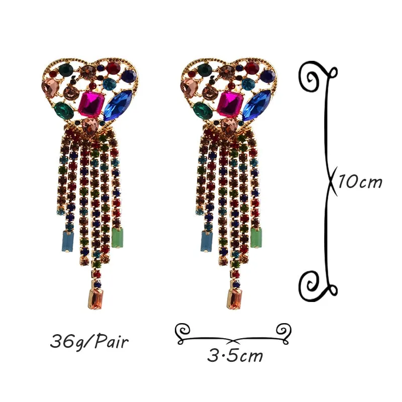 Statement Long Colorful Crystal Chain Tassel Drop Earrings