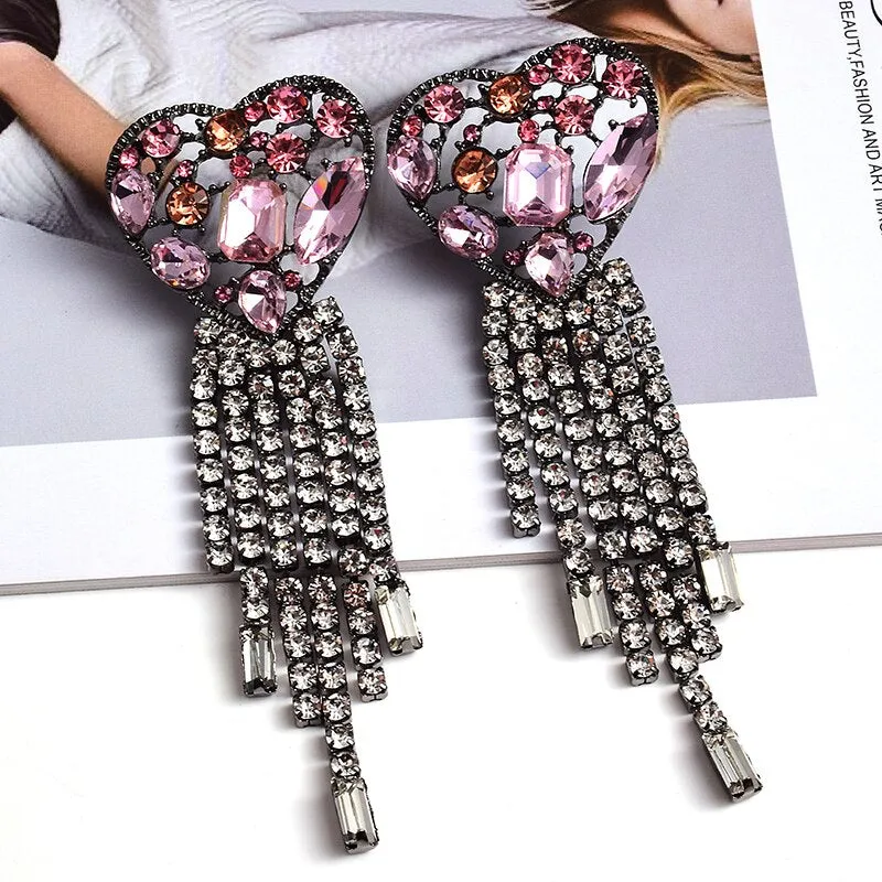 Statement Long Colorful Crystal Chain Tassel Drop Earrings