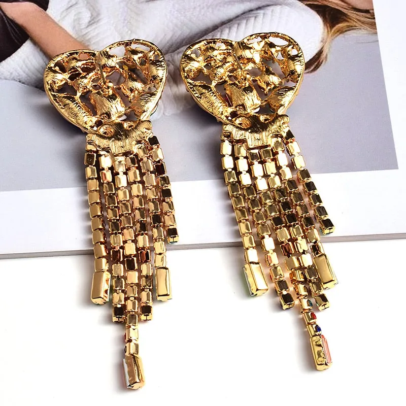 Statement Long Colorful Crystal Chain Tassel Drop Earrings