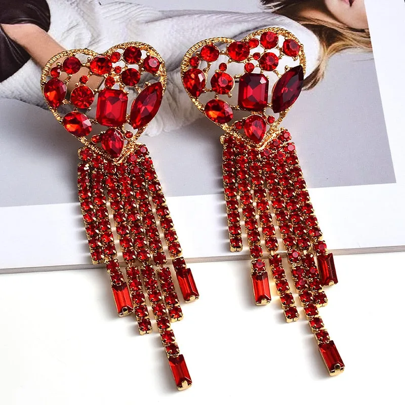 Statement Long Colorful Crystal Chain Tassel Drop Earrings