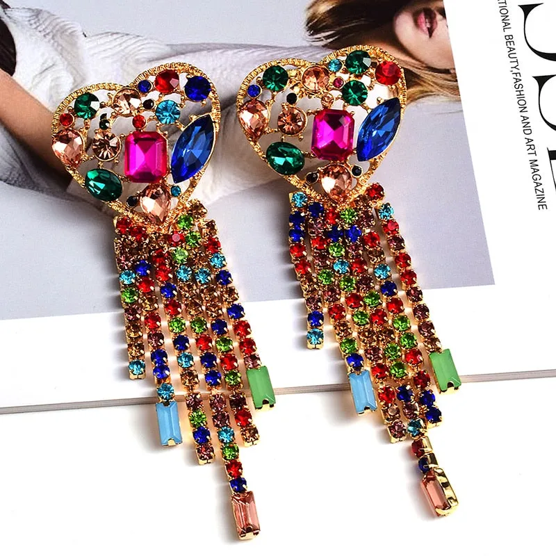 Statement Long Colorful Crystal Chain Tassel Drop Earrings