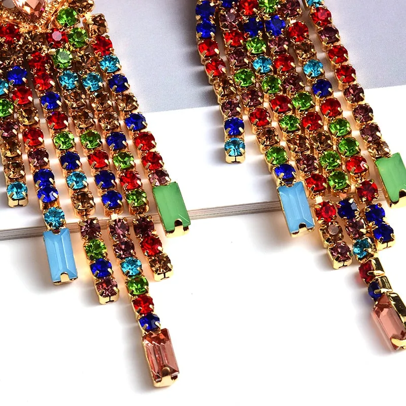 Statement Long Colorful Crystal Chain Tassel Drop Earrings