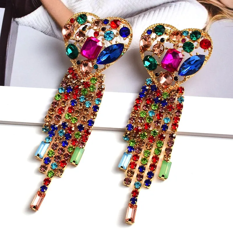 Statement Long Colorful Crystal Chain Tassel Drop Earrings