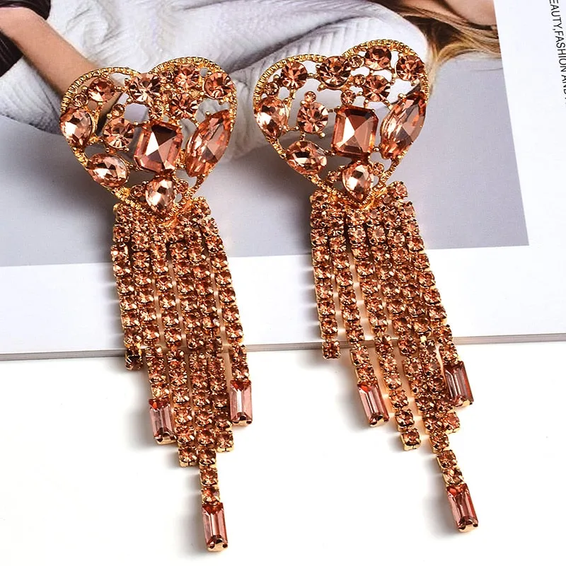 Statement Long Colorful Crystal Chain Tassel Drop Earrings