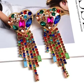 Statement Long Colorful Crystal Chain Tassel Drop Earrings
