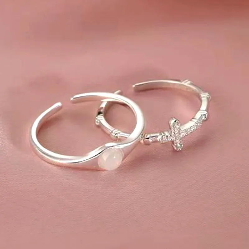 Sterling Silver Stacked Cross Moonstone Rings