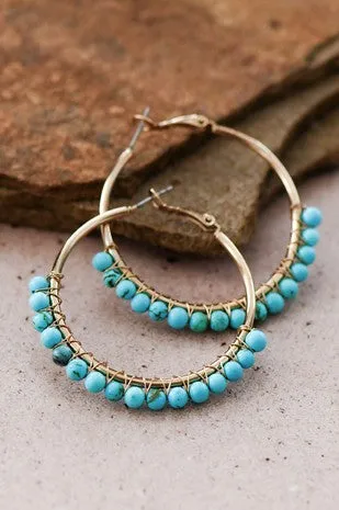 The Natural Blue Turquoise Stone Beaded Hoop Earrings