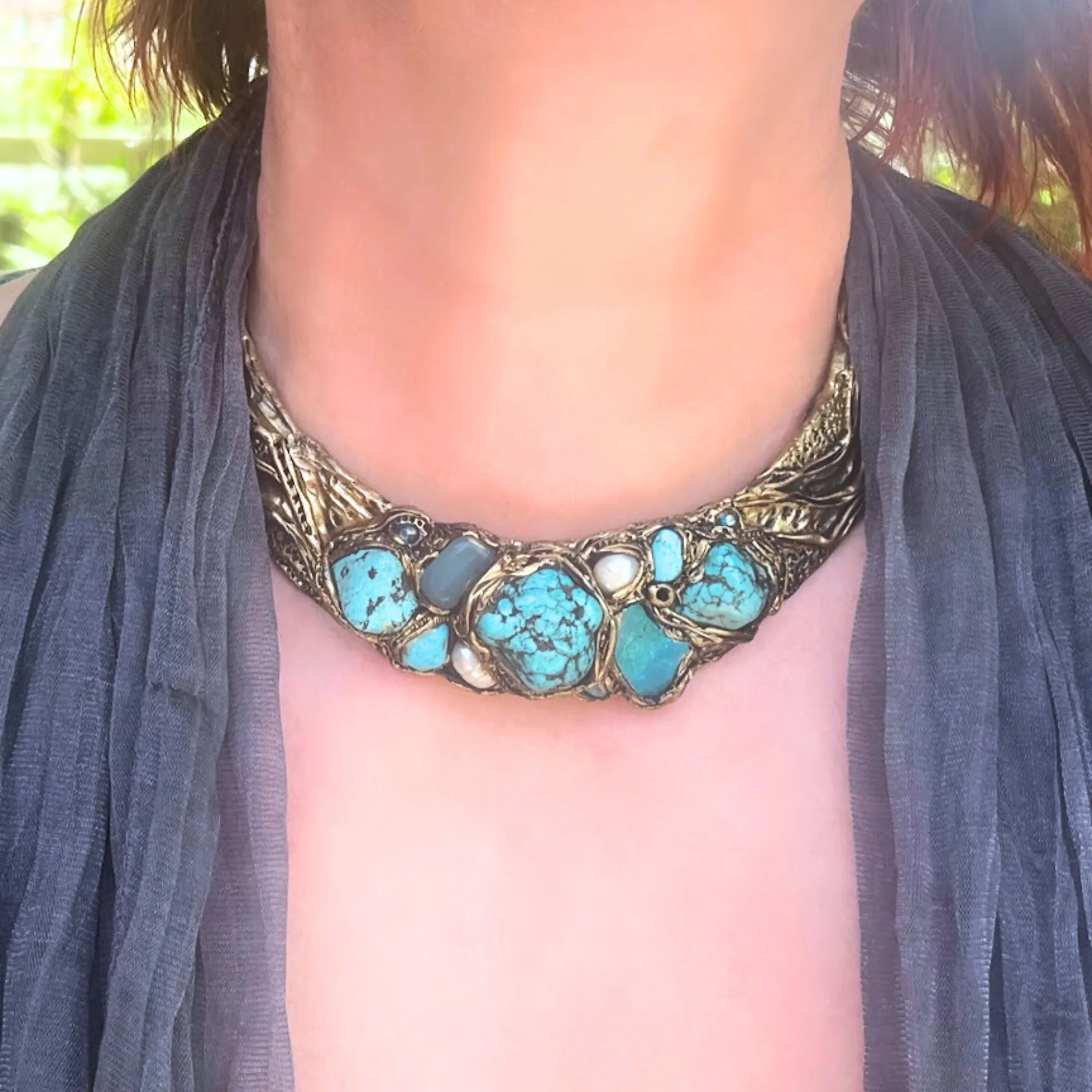 Turquoise, Amazonite & Chalcedony Chunky Choker Collar Necklace