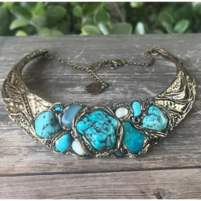 Turquoise, Amazonite & Chalcedony Chunky Choker Collar Necklace