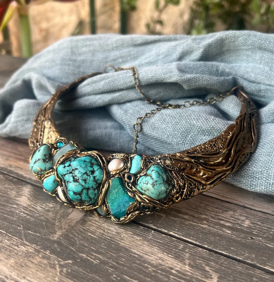 Turquoise, Amazonite & Chalcedony Chunky Choker Collar Necklace