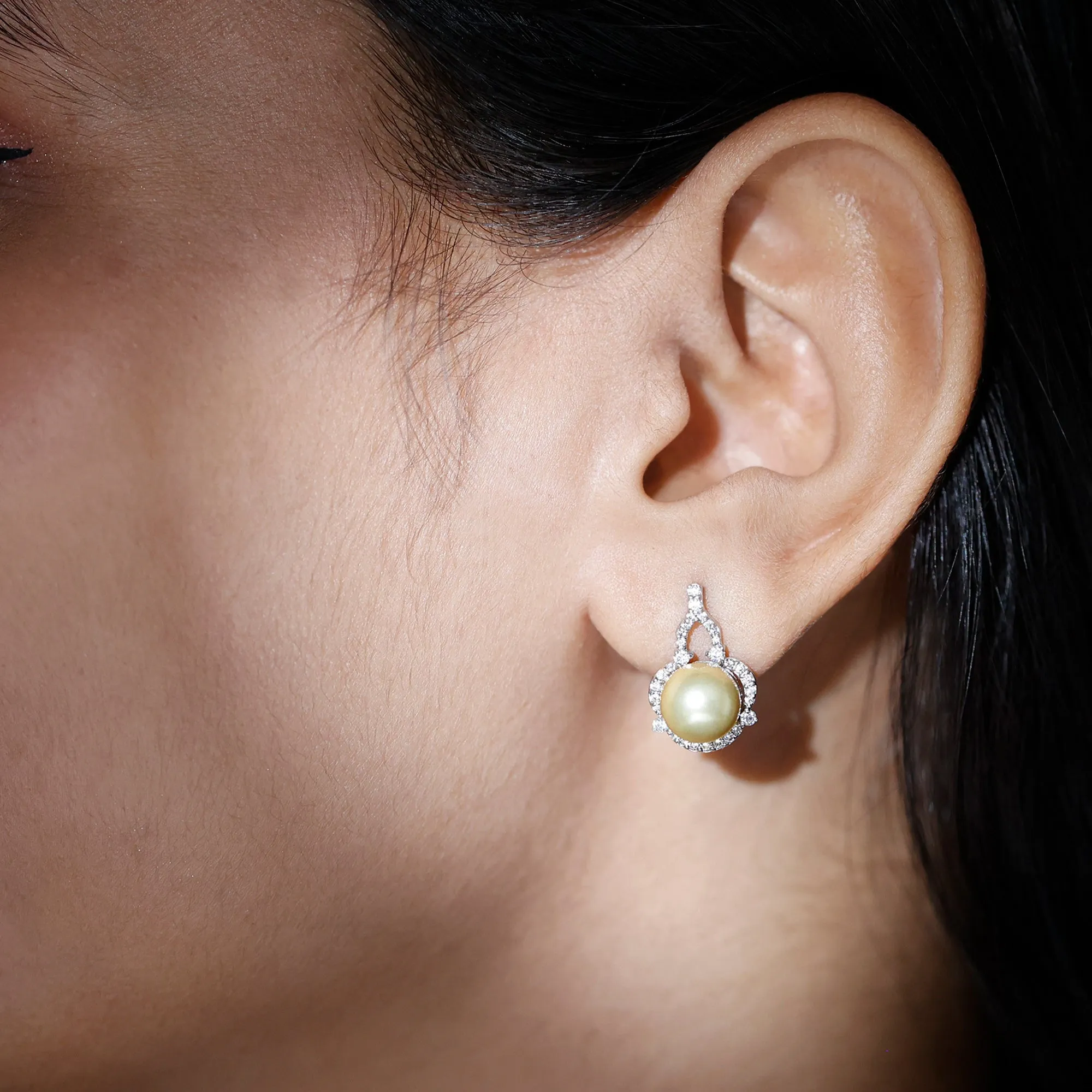 Vintage Inspired South Sea Pearl Drop Earrings with Diamond