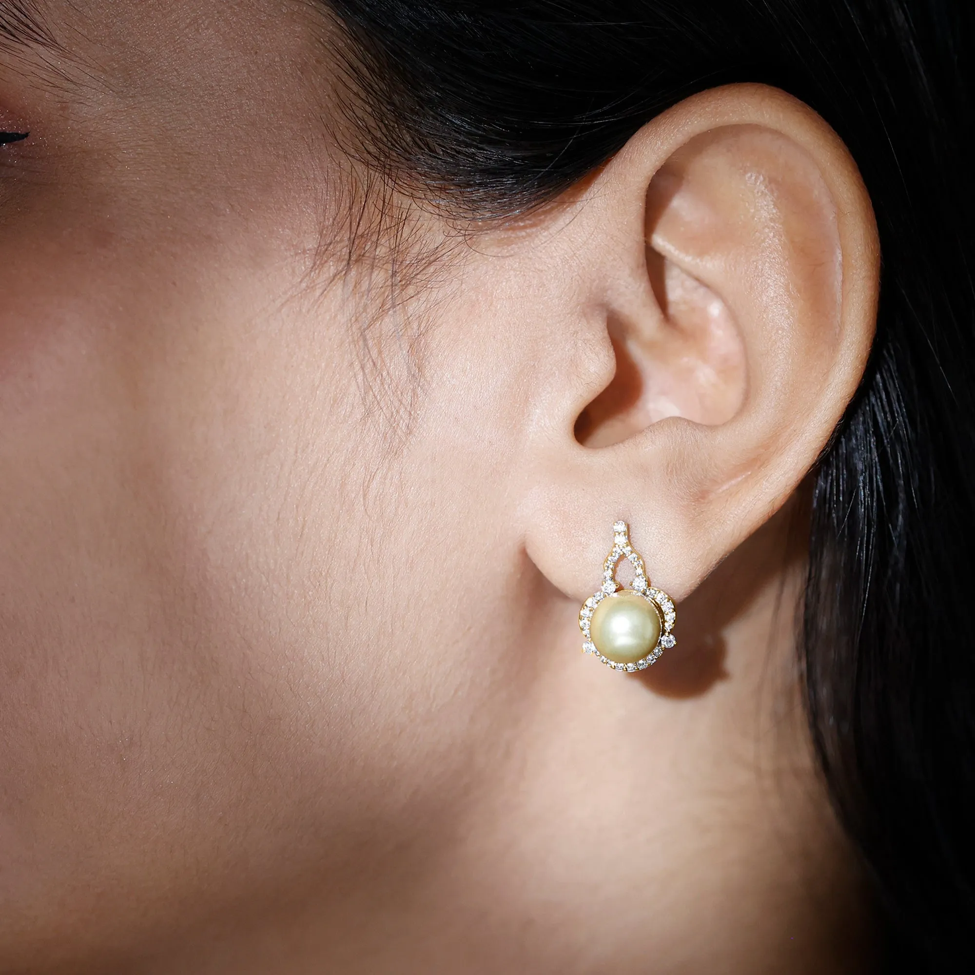 Vintage Inspired South Sea Pearl Drop Earrings with Diamond