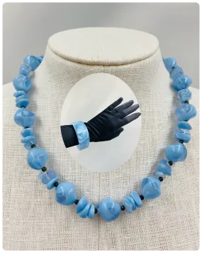Vintage Marbled Baby Blue Bead Necklace and Bangle Set