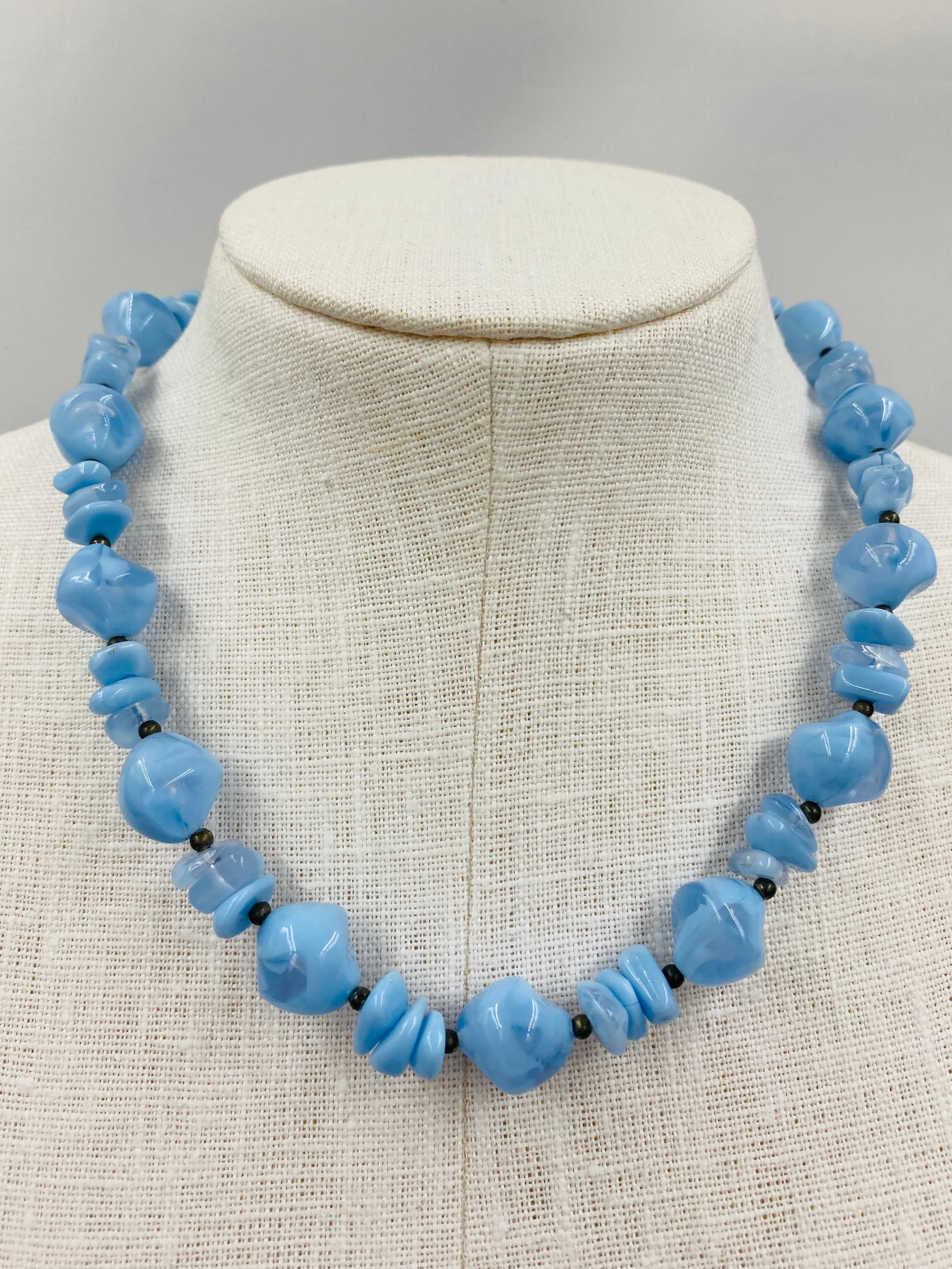 Vintage Marbled Baby Blue Bead Necklace and Bangle Set
