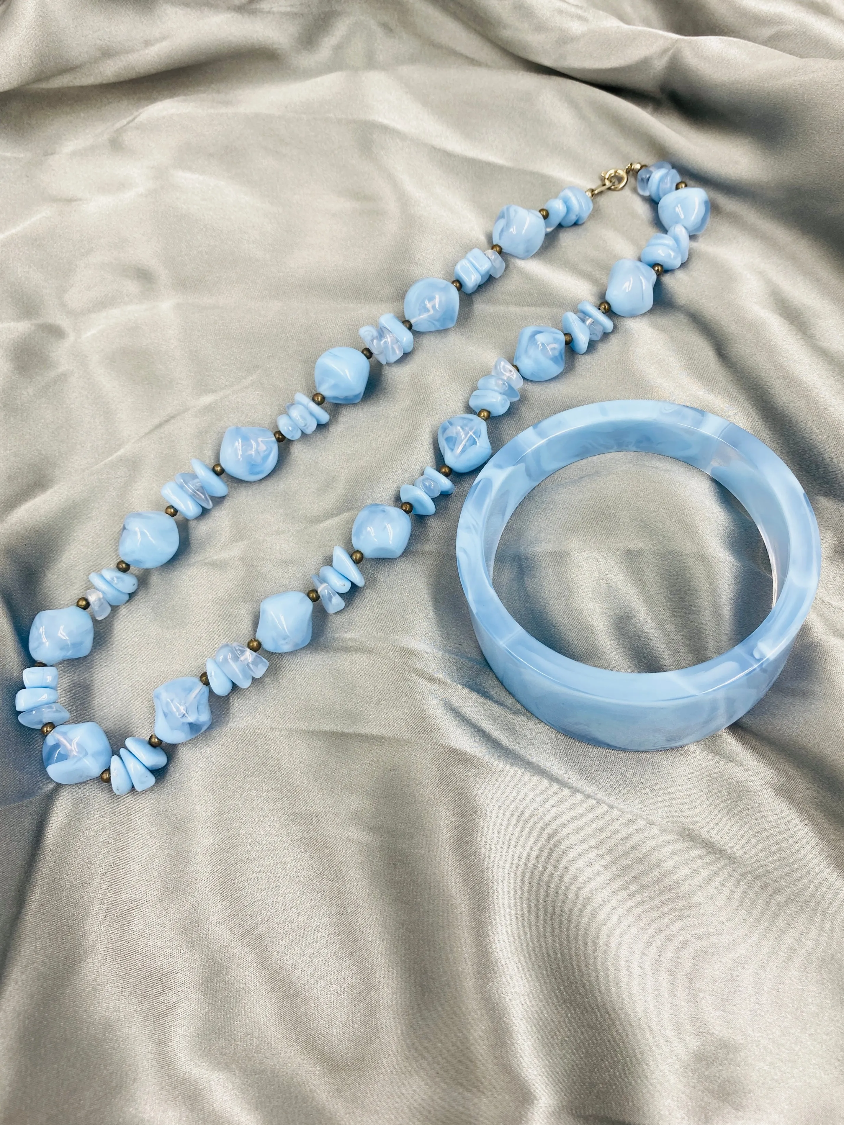 Vintage Marbled Baby Blue Bead Necklace and Bangle Set
