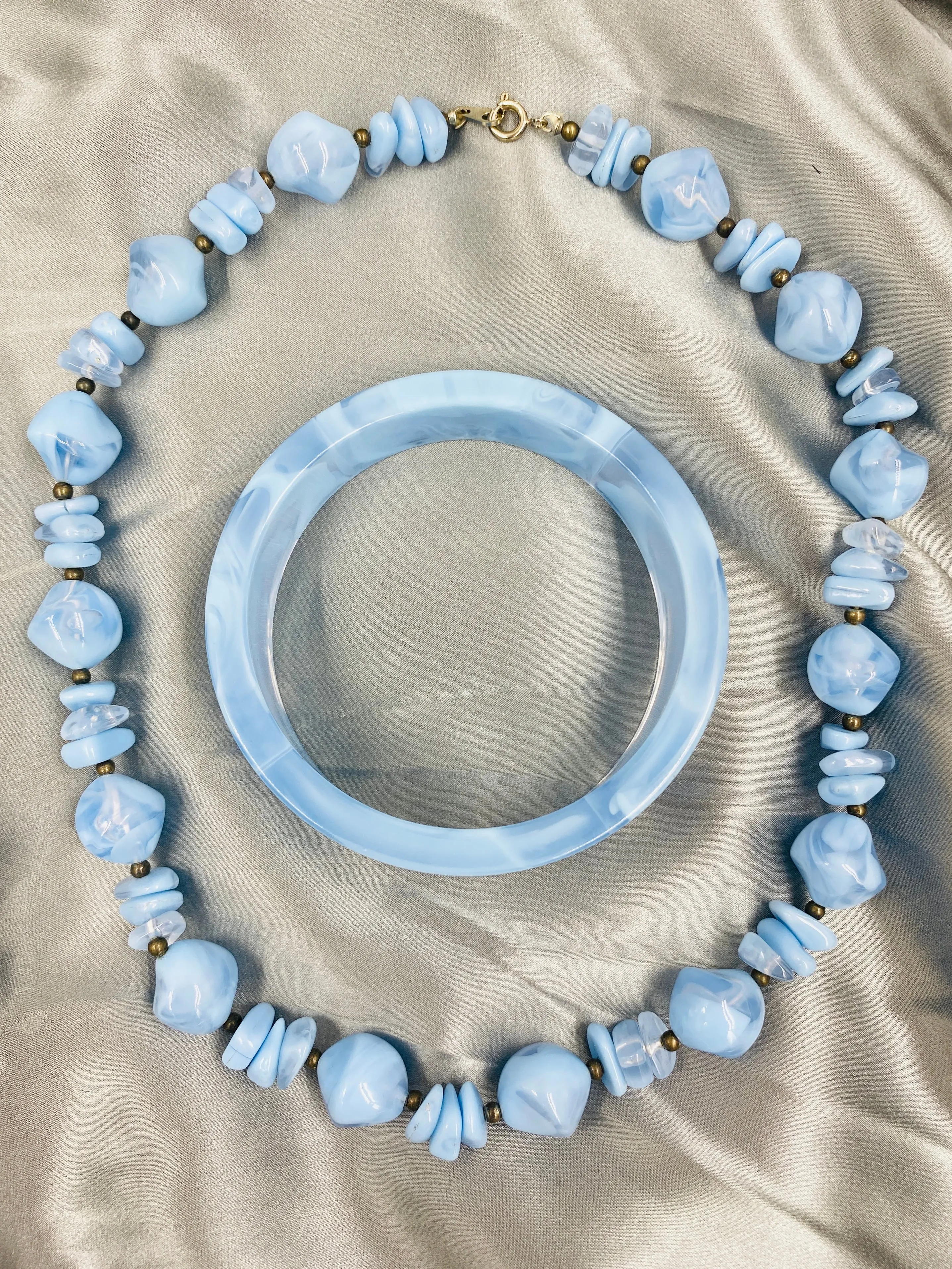 Vintage Marbled Baby Blue Bead Necklace and Bangle Set