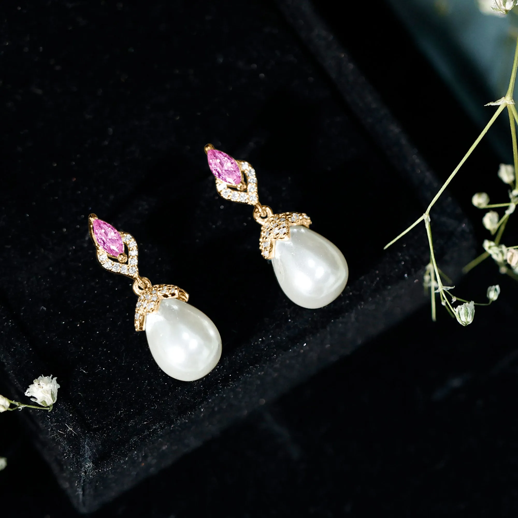 Vintage Style Freshwater Pearl Drop Earrings with Tourmaline and Diamond