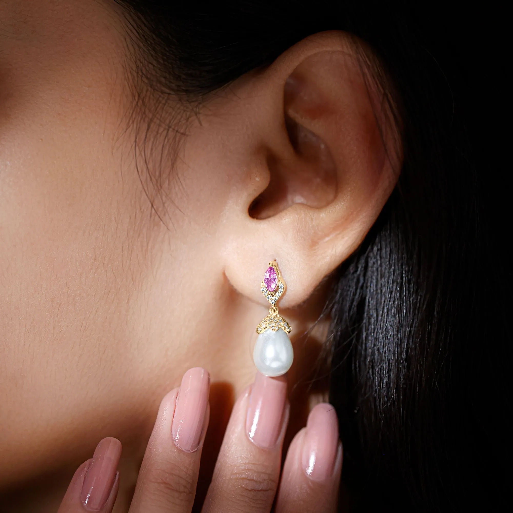 Vintage Style Freshwater Pearl Drop Earrings with Tourmaline and Diamond