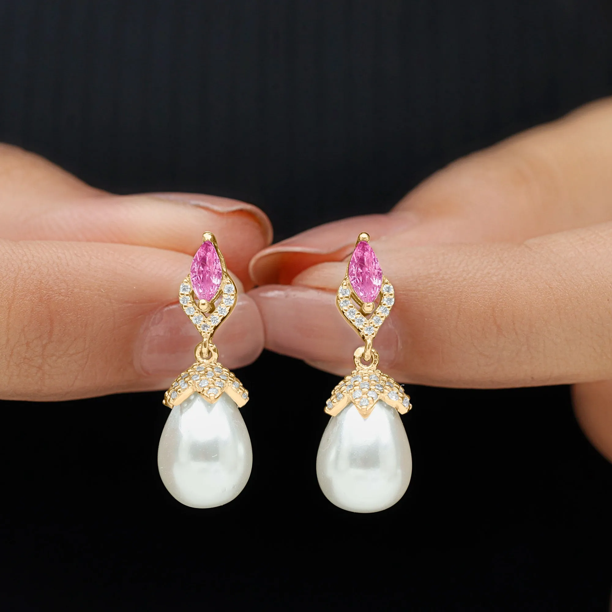 Vintage Style Freshwater Pearl Drop Earrings with Tourmaline and Diamond