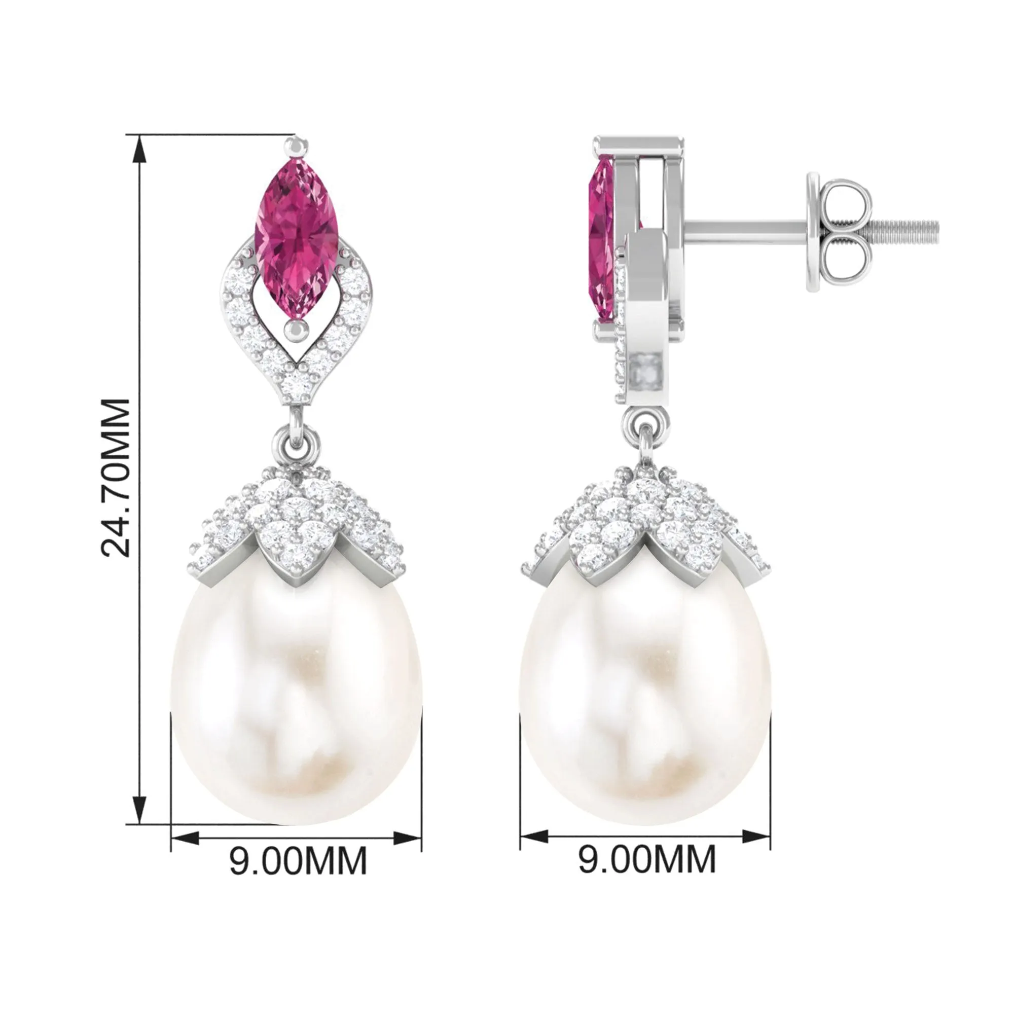 Vintage Style Freshwater Pearl Drop Earrings with Tourmaline and Diamond