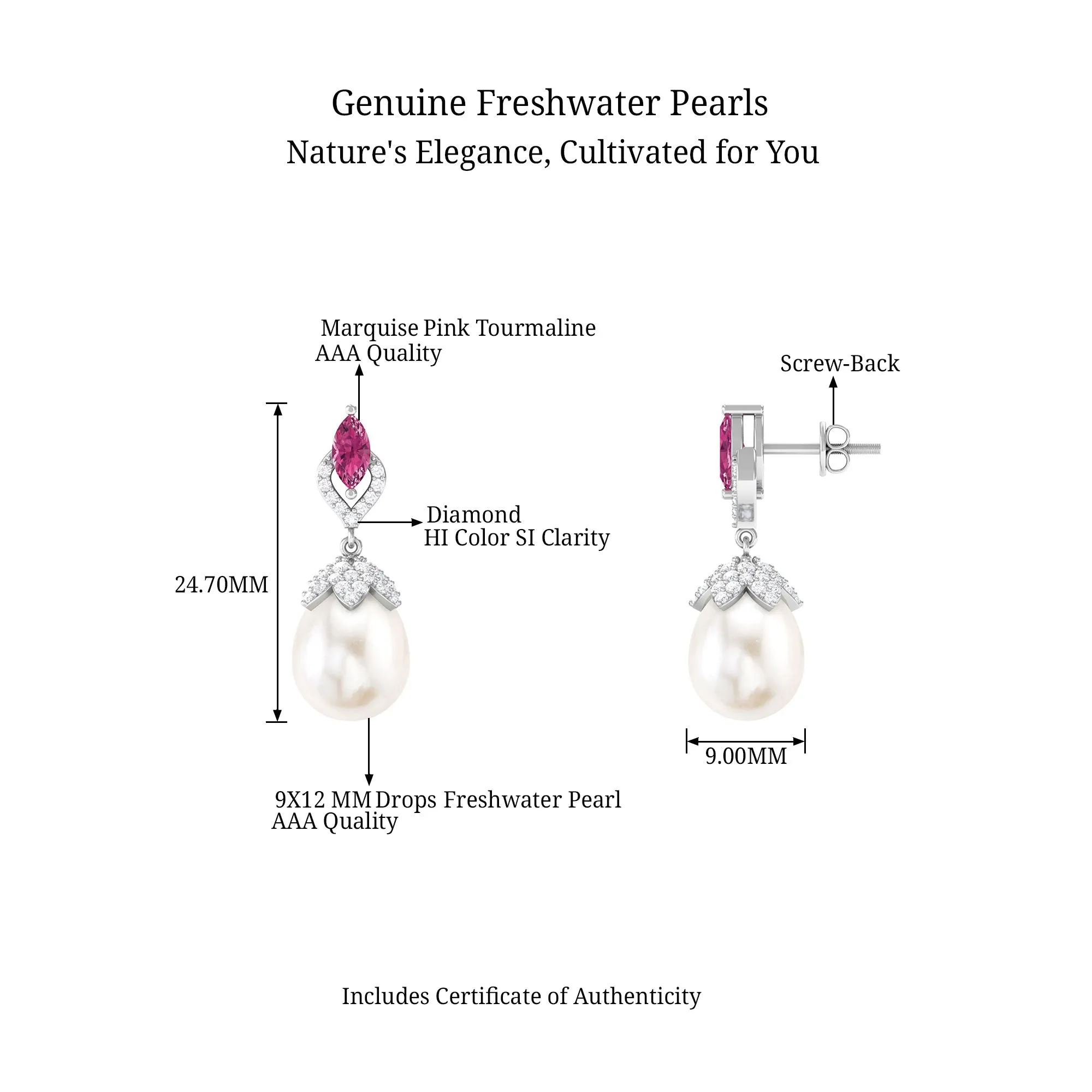 Vintage Style Freshwater Pearl Drop Earrings with Tourmaline and Diamond