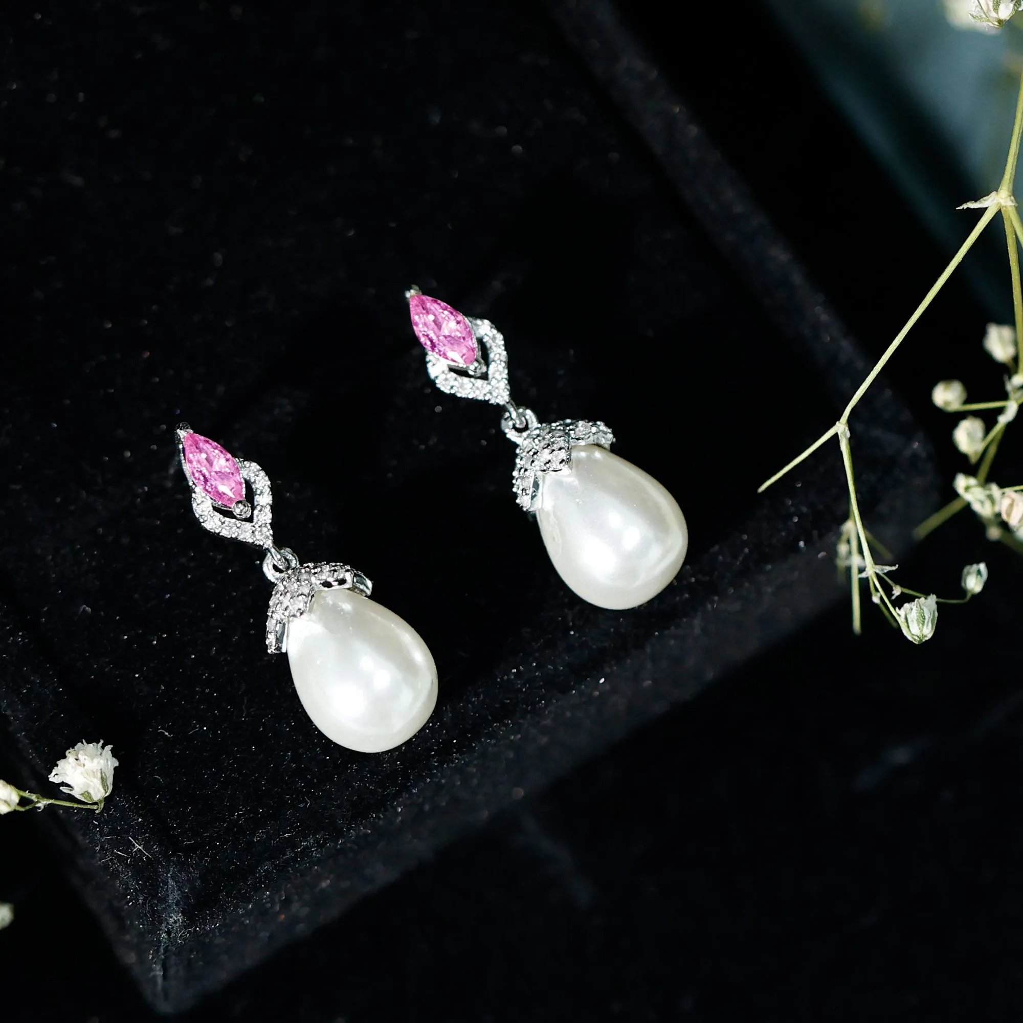 Vintage Style Freshwater Pearl Drop Earrings with Tourmaline and Diamond