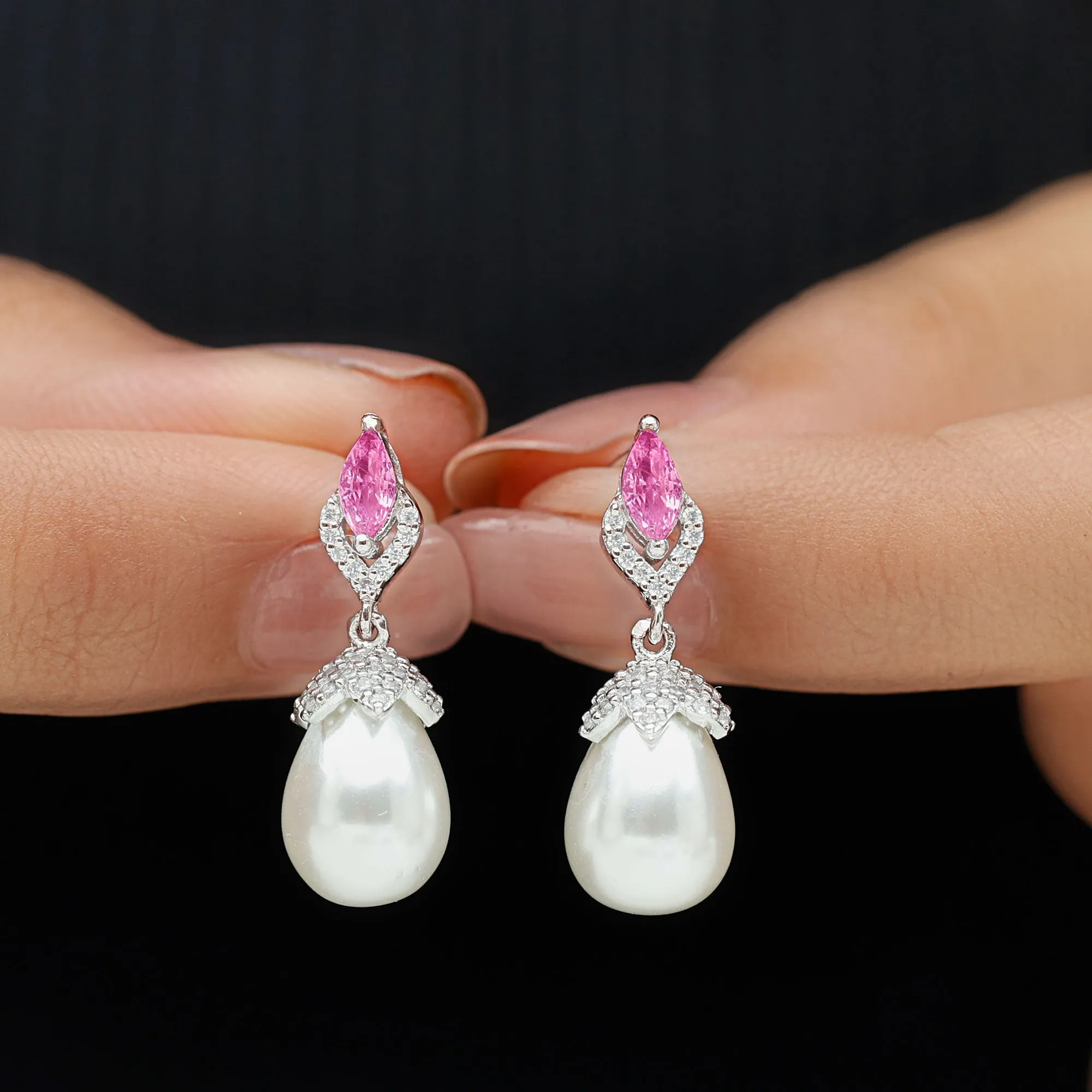 Vintage Style Freshwater Pearl Drop Earrings with Tourmaline and Diamond