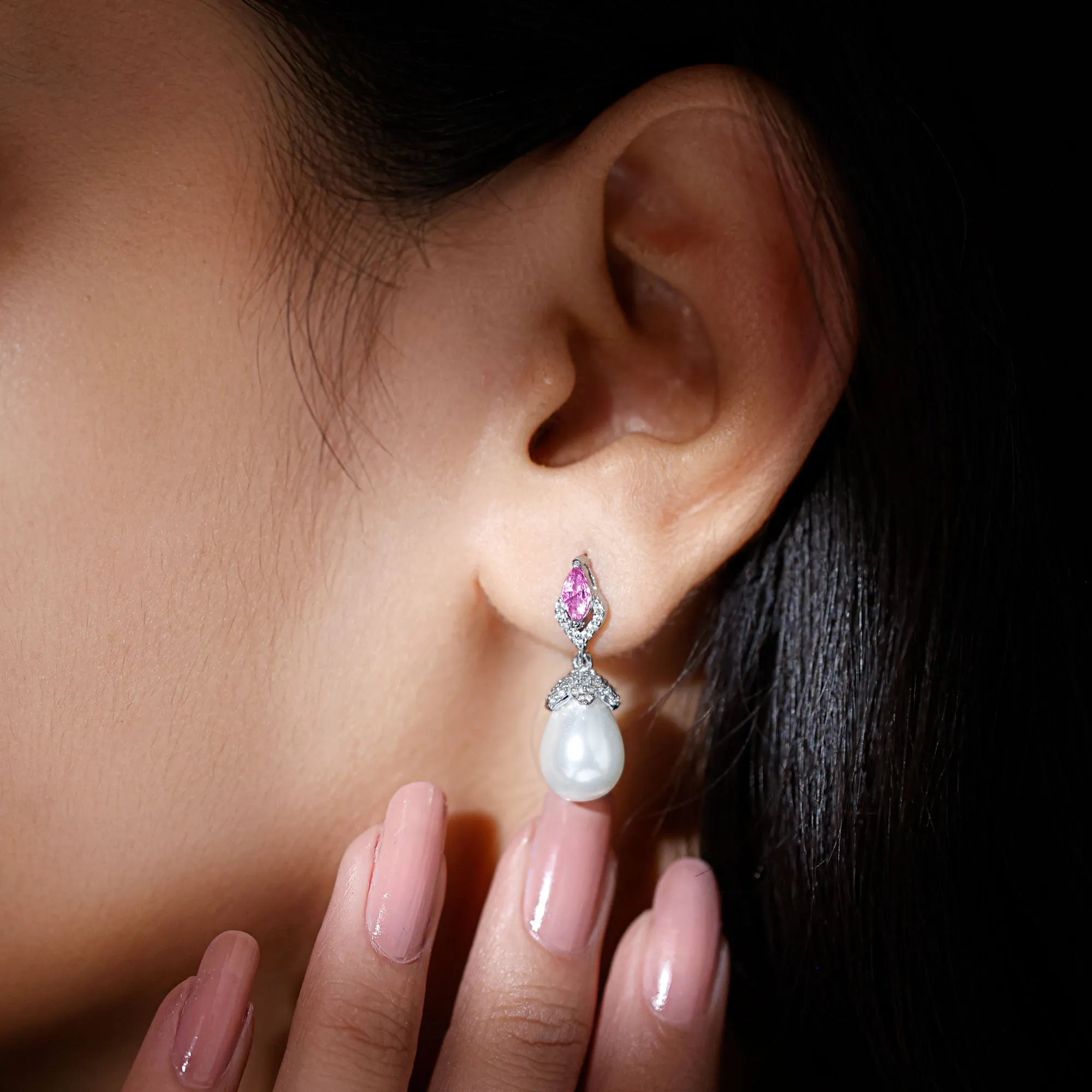 Vintage Style Freshwater Pearl Drop Earrings with Tourmaline and Diamond