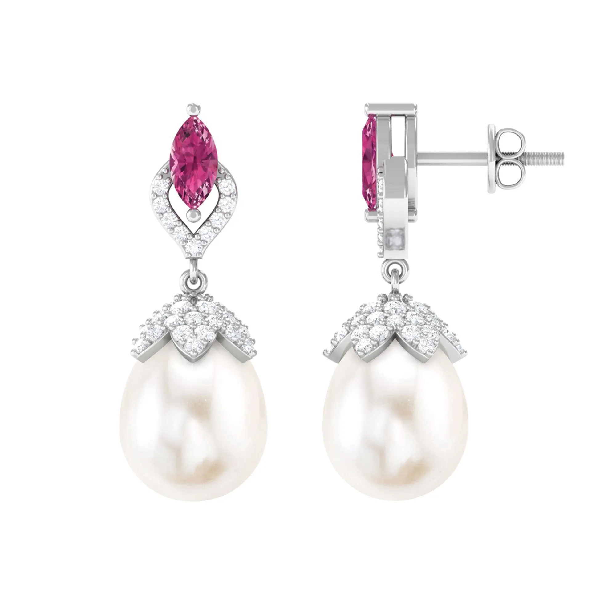 Vintage Style Freshwater Pearl Drop Earrings with Tourmaline and Diamond