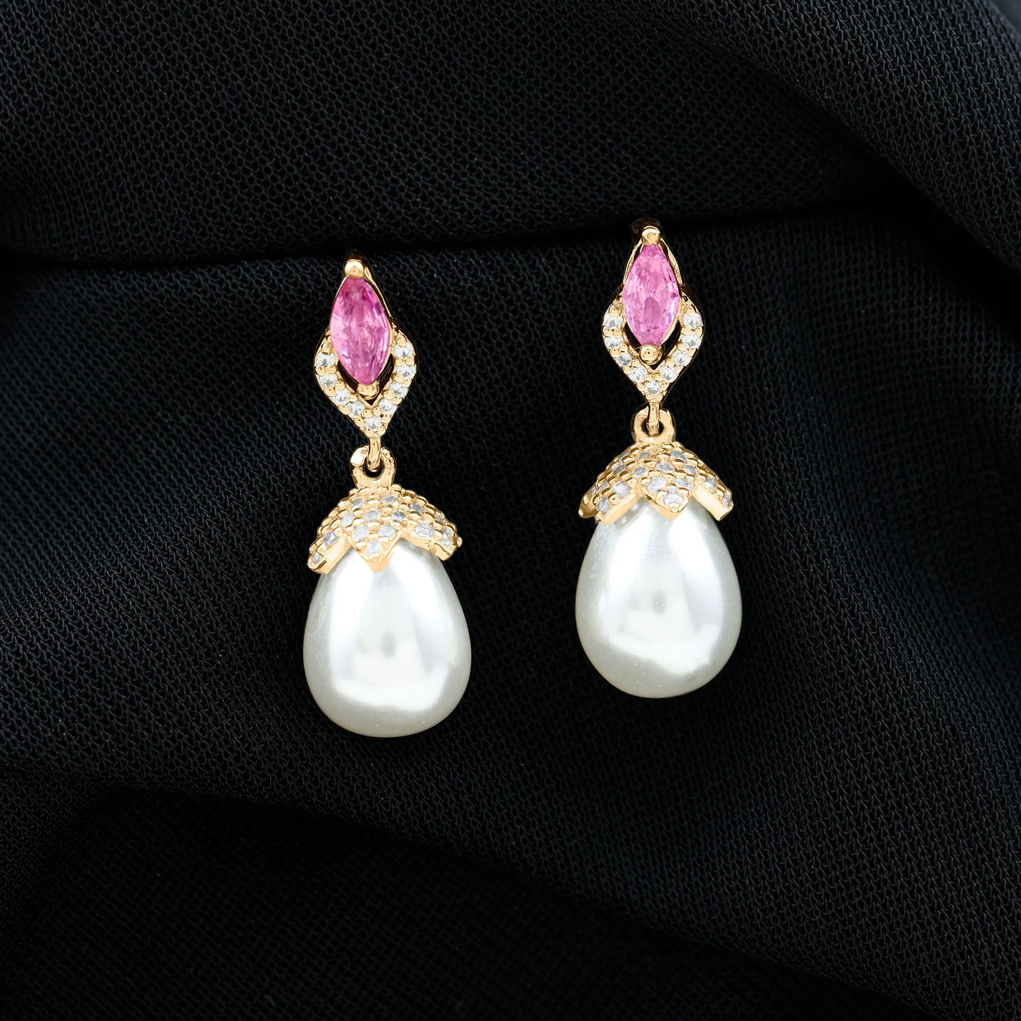 Vintage Style Freshwater Pearl Drop Earrings with Tourmaline and Diamond