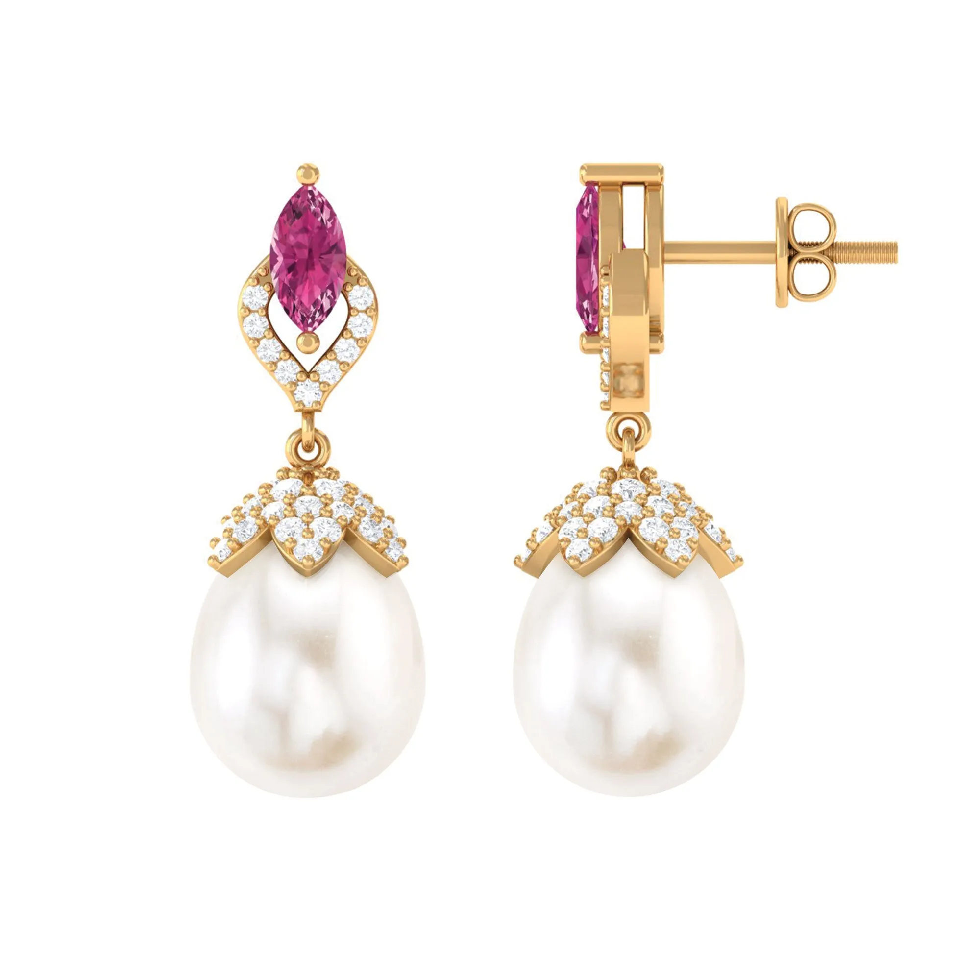 Vintage Style Freshwater Pearl Drop Earrings with Tourmaline and Diamond