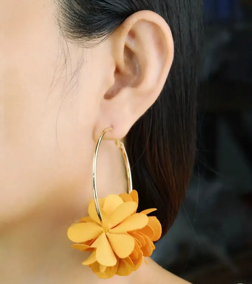 White Chic Fabric Flower Hoop Earrings