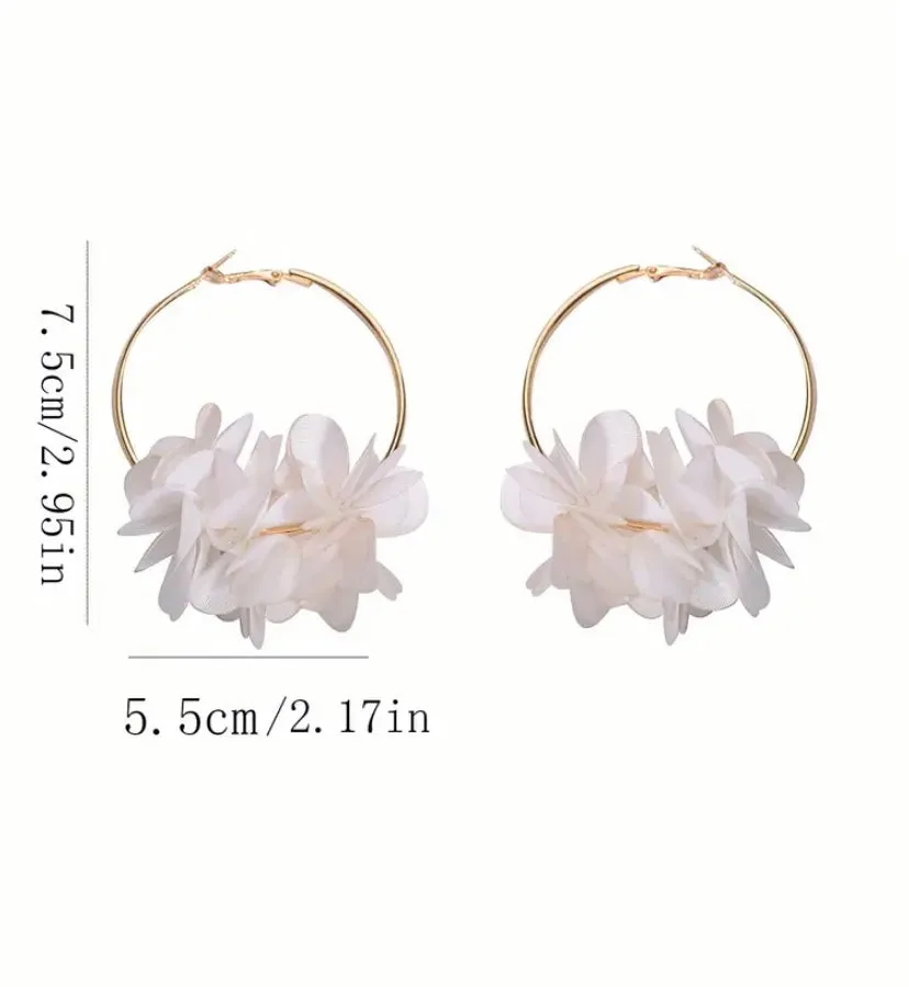 White Chic Fabric Flower Hoop Earrings