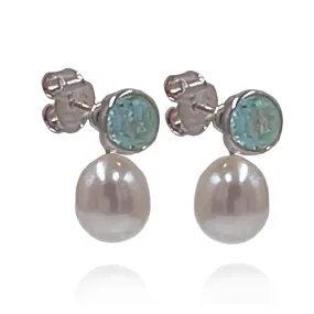 White Freshwater Pearl & Aquamarine 'Gatsby' Earrings