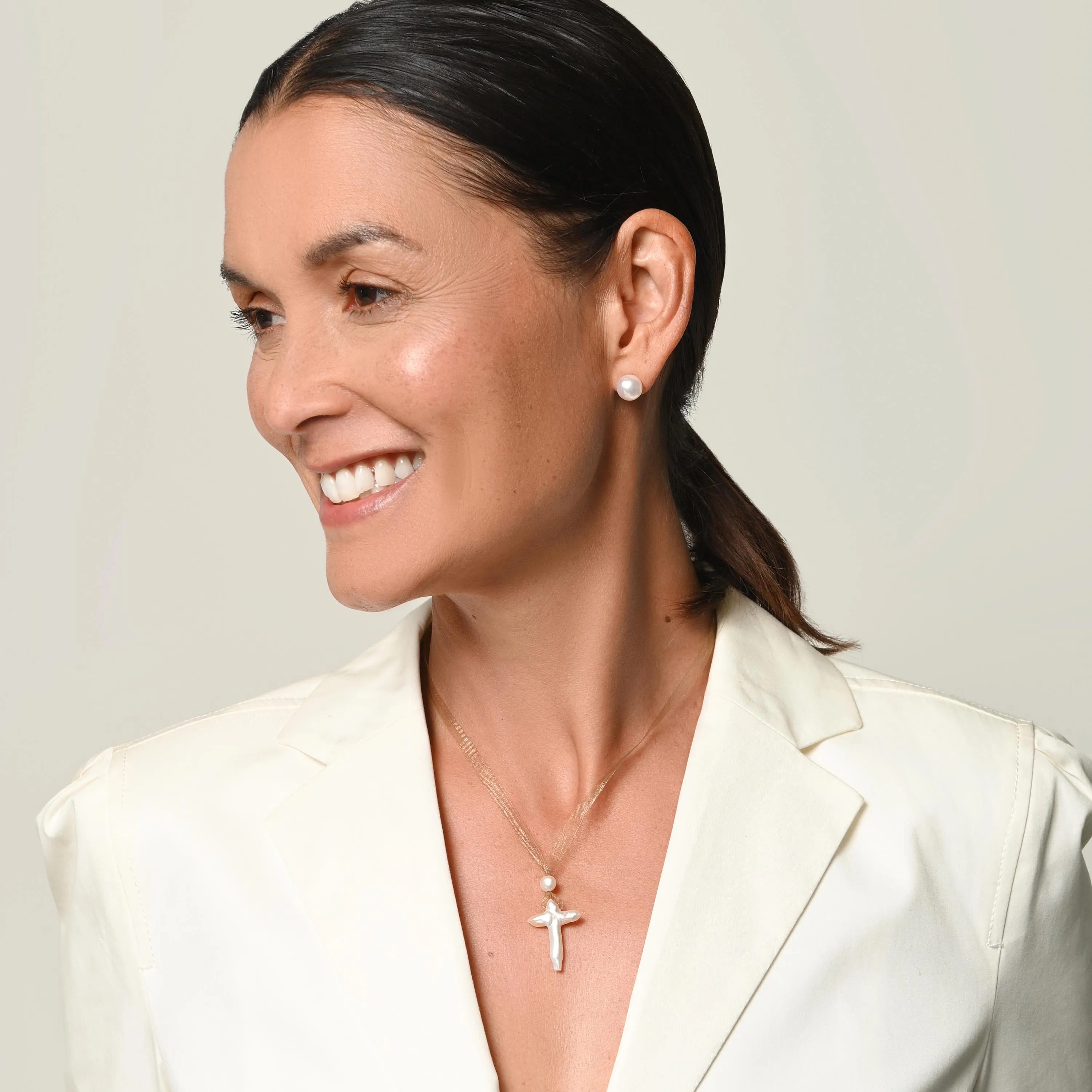 White Freshwater Pearl & Gold Silk 'Madonna' Necklace
