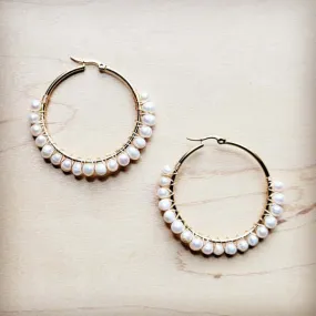 Wire Wrapped Freshwater White Pearl Beaded Hoop Earrings