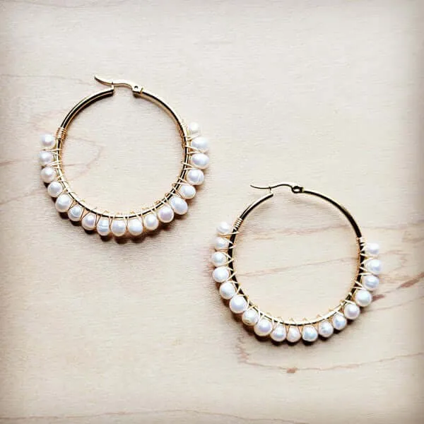 Wire Wrapped Freshwater White Pearl Beaded Hoop Earrings