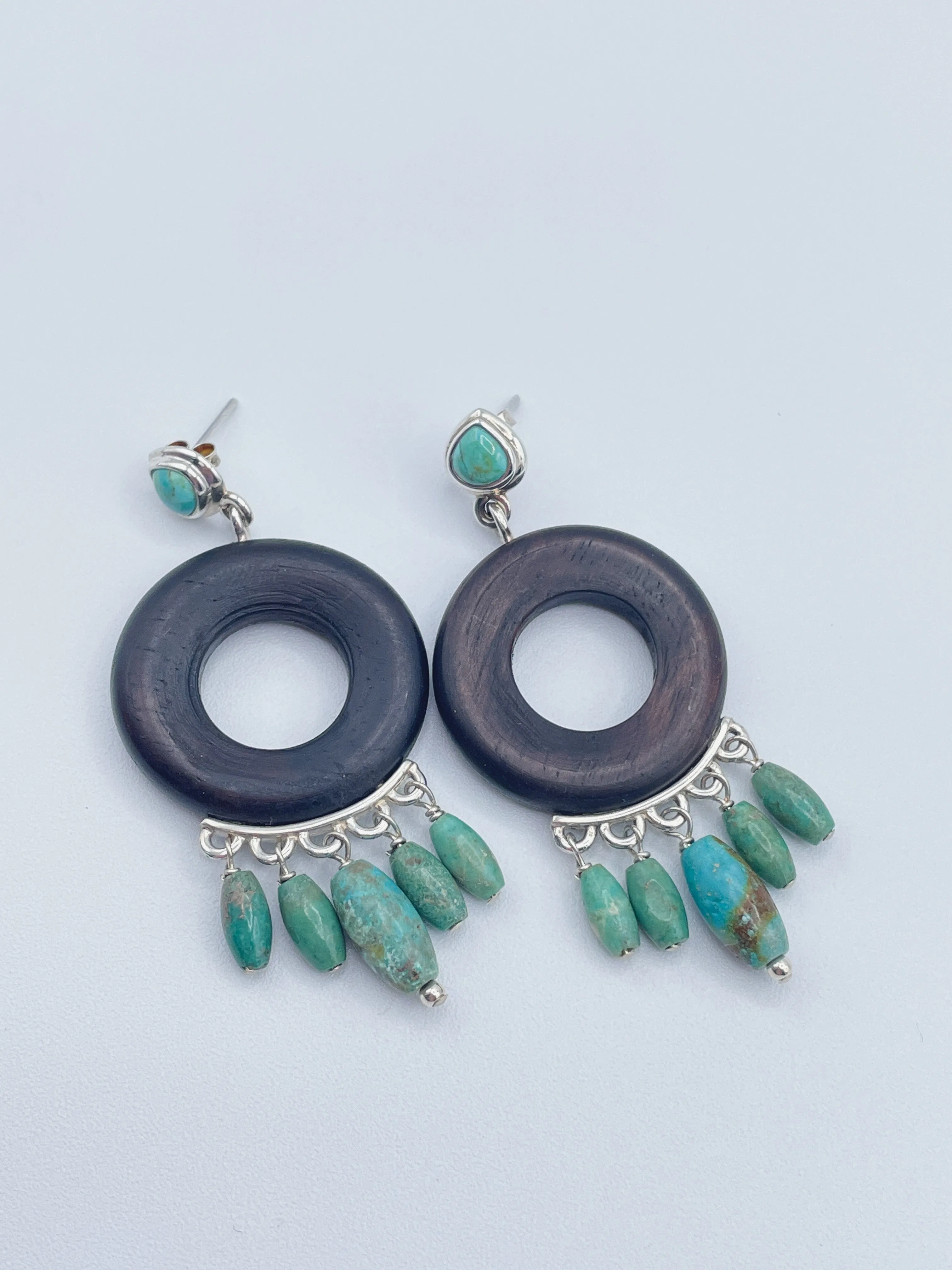 Women's Turquoise, Wood, and Sterling Silver Dangle Earrings